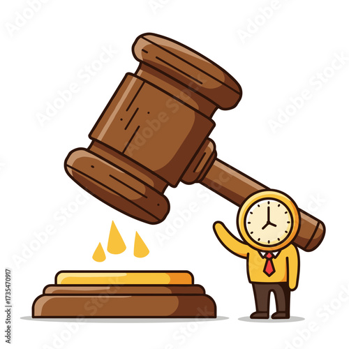 Giant gavel with clock-headed businessman