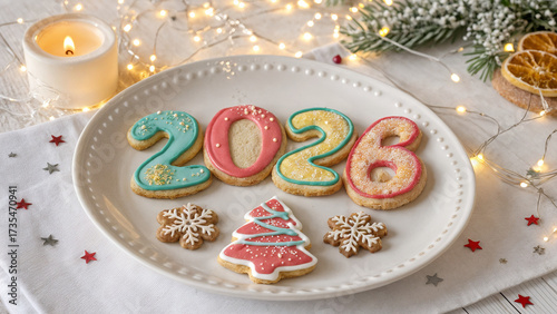 a white plate with Christmas cookies shaped like the number 2026 and other festive shapes, all decorated with colorful icing and sprinkles. The plate is placed on a table with a lighted candle, string