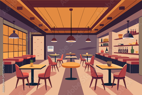 Cozy restaurant interior with tables chairs and bar in warm evening light