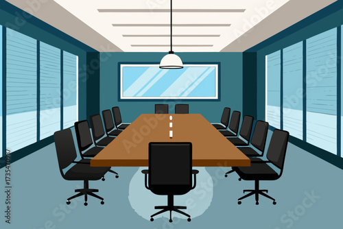 Modern conference room with large table chairs and blinds on windows