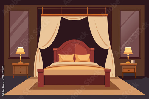 Luxurious bedroom with a large bed draped in elegant curtains and soft lighting