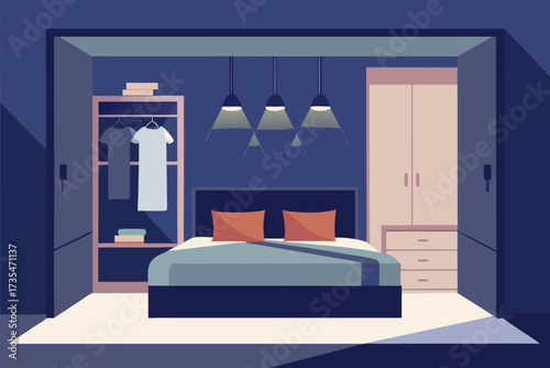Modern bedroom interior with bed closet wardrobe and hanging lamps at night