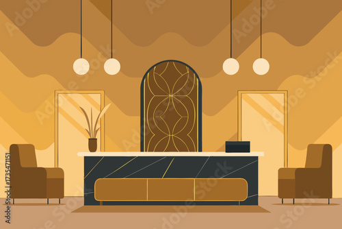 Modern hotel lobby reception area with stylish chairs and decorative archway