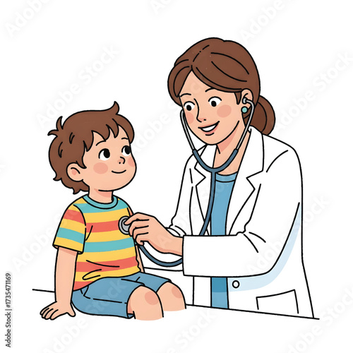 Pediatric Doctor Checking Child Patient with Stethoscope Vector