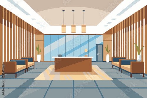 Modern office reception area with comfortable seating and large windows