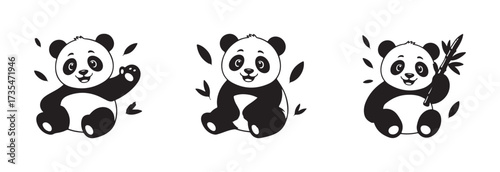 panda bear icon set, panda silhouette logo sticker, cartoon panda icon, mascot design, minimal character art, vector illustration EPS 10.