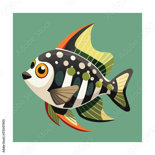 Black and white spotted fish with colorful fins on green background