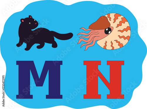 Animal Alphabet: A color illustration featuring a black mink with the letter "M" and a striped nautilus with the letter "N." Vibrant colors on a high-quality color image suitable for licensing.