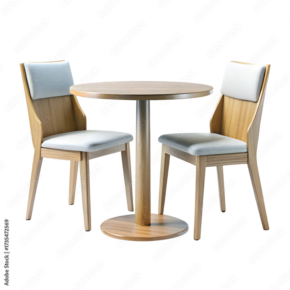 Obraz premium Minimalist Cafe Table and Chair: A small wooden cafe table with two modern chairs, cozy interior PNG.