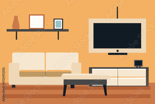 Cozy living room interior with sofa television and decorative shelf on orange wall