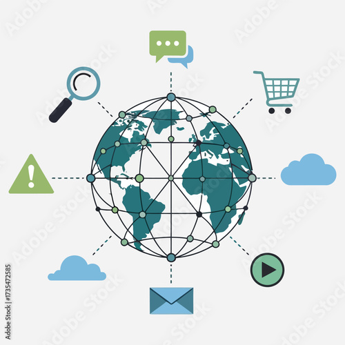 Global network of communication and technology, showing data exchange and online connections