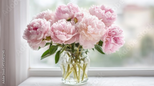 Wallpaper Mural Soft pink peonies are arranged in a glass vase, brightening a sunny windowsill. The flowers showcase lush petals and green leaves, creating a charming floral display. Torontodigital.ca