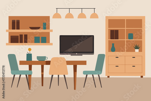 Cozy living and dining area with a television table chairs and shelving