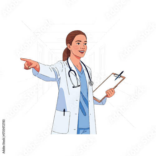 Nurse Giving Directions in Hospital Corridor Vector Illustration