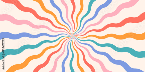 Spiral retro pattern background. Swirl groovy vector sun rays. Psychedelic radial burst with grunge texture. 70s starburst hypnotic illustration. Vintage circular abstract colorful print