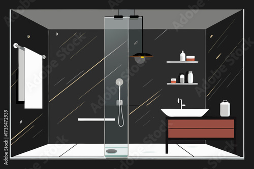 Modern minimalist bathroom interior with glass shower and vanity