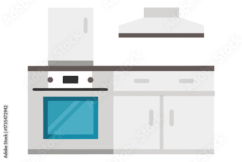 Modern kitchen counter with oven and range hood in a clean flat design style