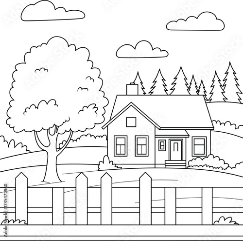 Black and white drawing of a house with a chimney and a fence Keywords: house, home, drawing