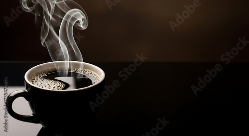 A steaming cup of black coffee sits on a dark, reflective surface, with wisps of vapor rising against a blurred background.
