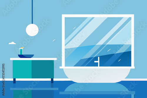 Modern minimalist bathroom scene with bathtub and vanity in cool blue tones