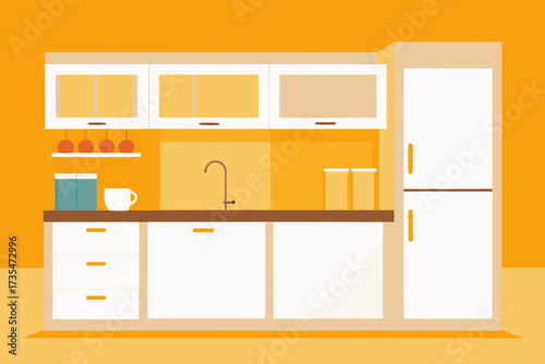 Modern flat design kitchen interior with cabinets sink and refrigerator