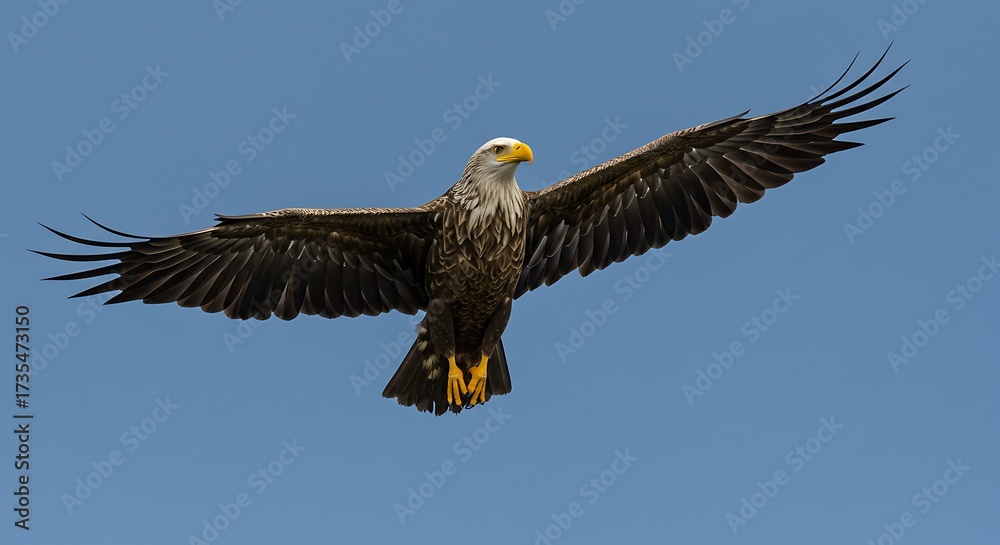 Obraz premium Soaring bald eagle against blue sky depicting freedom and wildlife