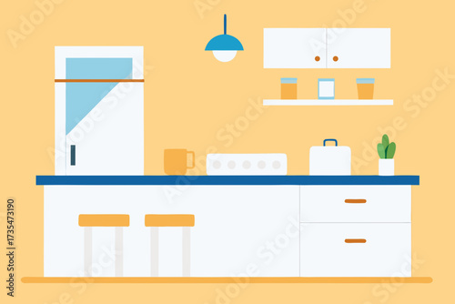 Modern minimalist kitchen interior with refrigerator stove cabinets and seating