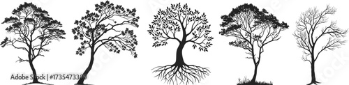 Collection of detailed tree silhouettes in various natural shapes. Elegant black vector illustrations for landscapes, design, and creative artworks. Ideal for nature-inspired projects.