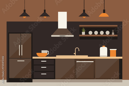 Modern minimalist kitchen interior with dark brown cabinets and stainless steel appliances