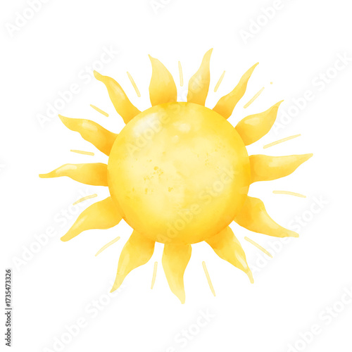 Sun. Watercolor Dijital Illustration. Funny children's sun with rays is isolated on a white background. For printing on textiles, for children's design and weather forecast