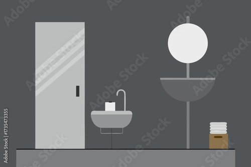 Modern minimalist bathroom interior with sink mirror shower door and towels