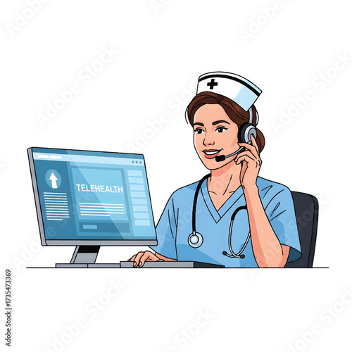 Nurse Working at Telehealth Call Center Vector