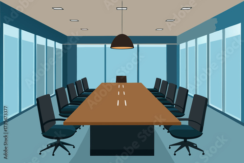 Modern conference room with large rectangular table and chairs and large windows
