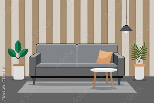 Modern living room with gray sofa coffee table plants and striped wallpaper