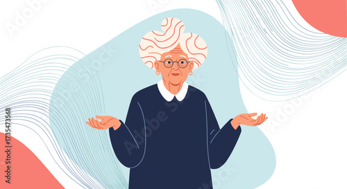 Elderly woman with white hair and glasses looking confused and shrugging her shoulders with her hands up in an illustration.