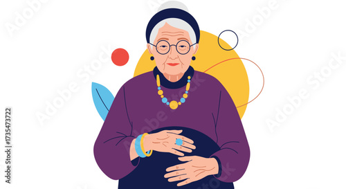 An illustration of a senior woman wearing glasses and a colorful necklace with her hands clasped.