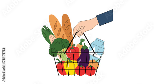 A hand holds a shopping basket filled with fresh produce and bread.