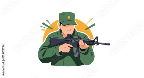 Illustration of a soldier in uniform holding a rifle in a defensive stance.
