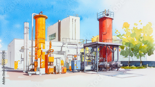 Vibrant watercolor painting depicting industrial facility with orange and gray structures, surrounded by greenery and clear blue sky
