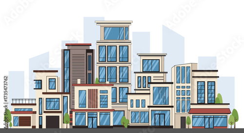 A panoramic view of a vibrant cityscape with diverse modern architecture showcasing various building heights and styles.