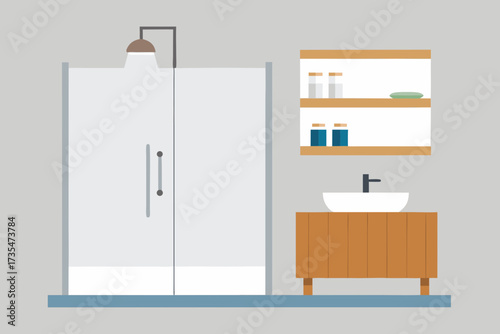 Modern bathroom interior with glass shower vanity sink and shelves