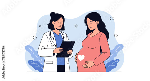 A doctor is discussing a pregnancy with a happy expectant mother.