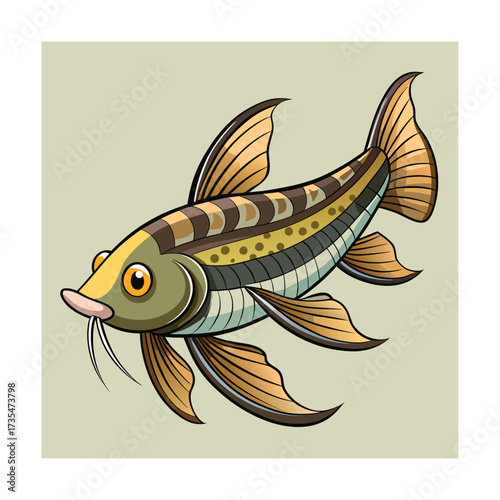 Cartoon catfish with long whiskers and brown stripes on light background Keywords: fish, cartoon
