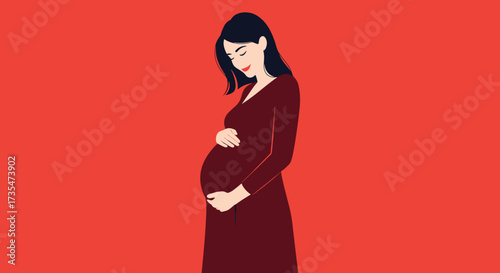 A pregnant woman cradles her belly with a gentle expression on her face in front of a vibrant red background.