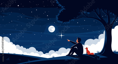 A man and a fox gaze at a bright star in the night sky under a tree.