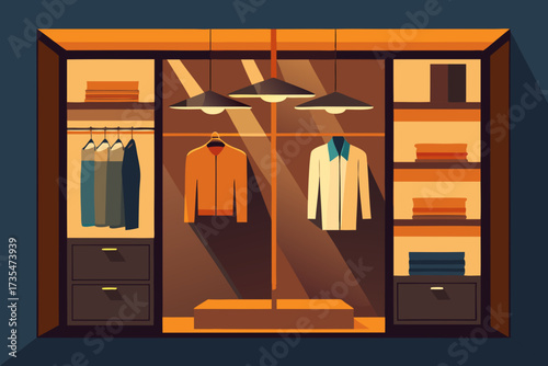Modern minimalist closet with organized clothing and shelving illuminated by warm light