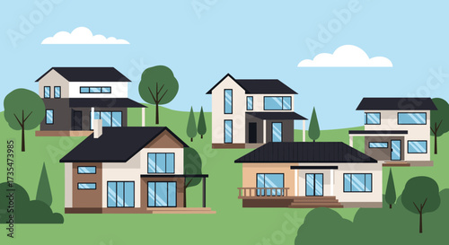 A scenic view of several detached houses nestled on green rolling hills under a clear blue sky with fluffy white clouds.