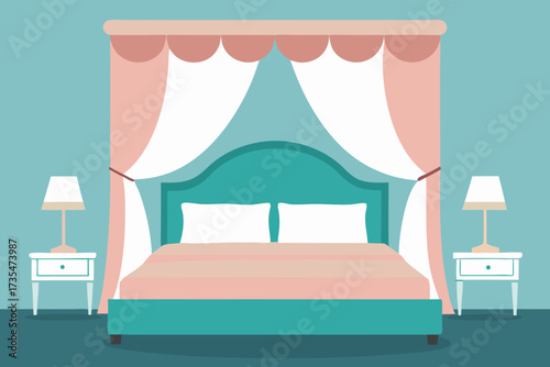 Cozy bedroom with a teal bed and canopy pink bedding and white nightstands
