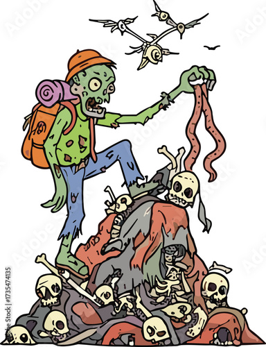 Zombie cartoon illustration, horror character art, undead monster design, spooky apocalypse scene, skull pile artwork, creepy comic drawing, Halloween zombie concept
