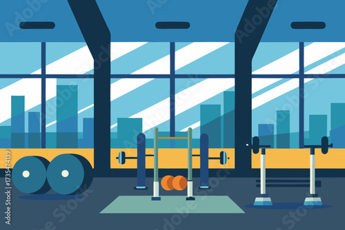 Modern gym interior with weights barbells and city skyline view through windows